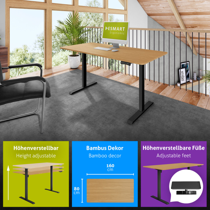 ESMART ETX-121BBA Elektrischer Schreibtisch 160 x 80 cm (Bambus Dekor)