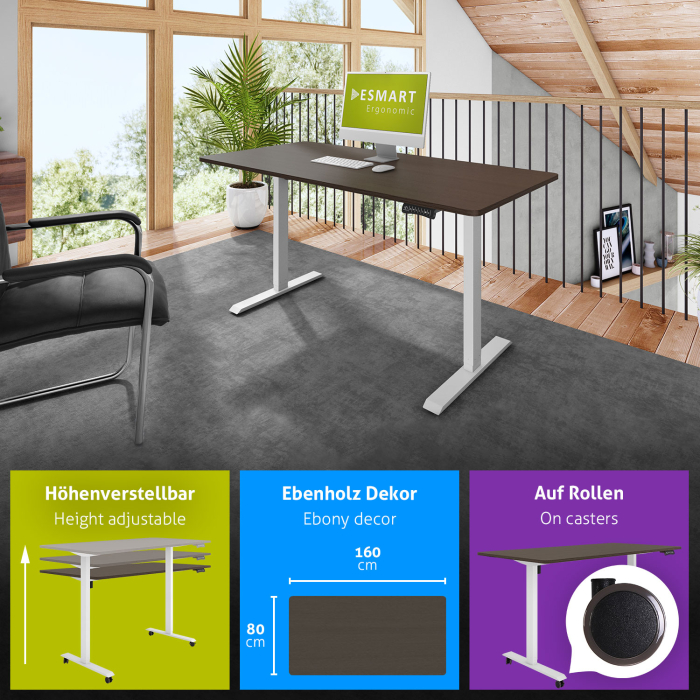 ESMART ETX-121WE Elektrischer Schreibtisch auf Rollen 160 x 80 cm (Ebenholz Dekor)