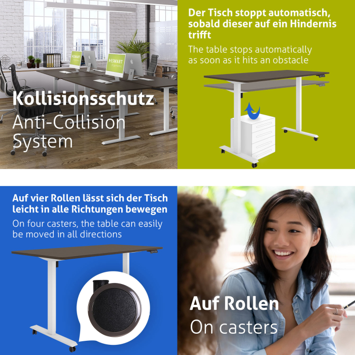 ESMART ETX-121WE Elektrischer Schreibtisch auf Rollen 160 x 80 cm (Ebenholz Dekor)