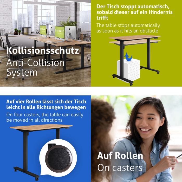 ESMART ETX-121BM Elektrischer Schreibtisch auf Rollen 120 x 60 cm (Ahorn Dekor)