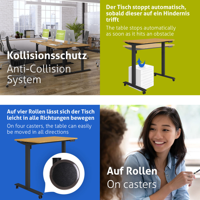 ESMART ETX-121BBA Elektrischer Schreibtisch auf Rollen 100 x 60 cm (Bambus Dekor)